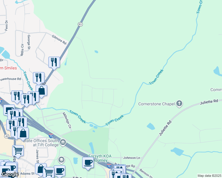 map of restaurants, bars, coffee shops, grocery stores, and more near 5357 Felles Way in Forsyth