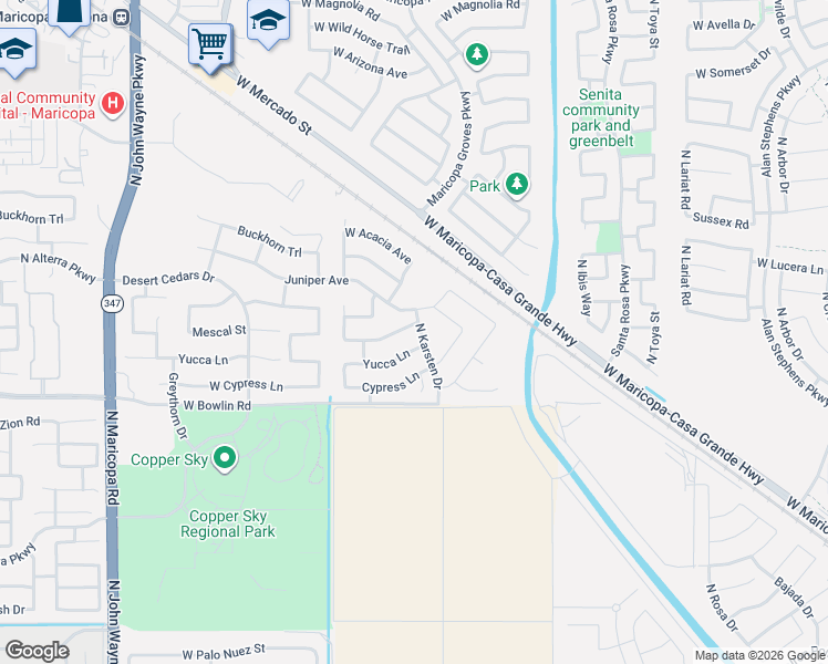 map of restaurants, bars, coffee shops, grocery stores, and more near 43604 Mescal Street in Maricopa