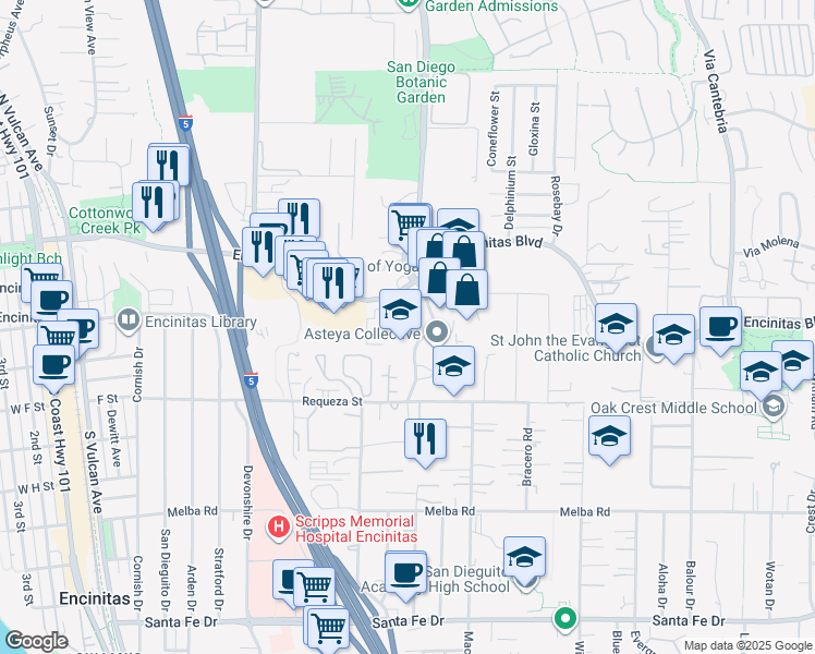 map of restaurants, bars, coffee shops, grocery stores, and more near 531 Encinitas Boulevard in Encinitas