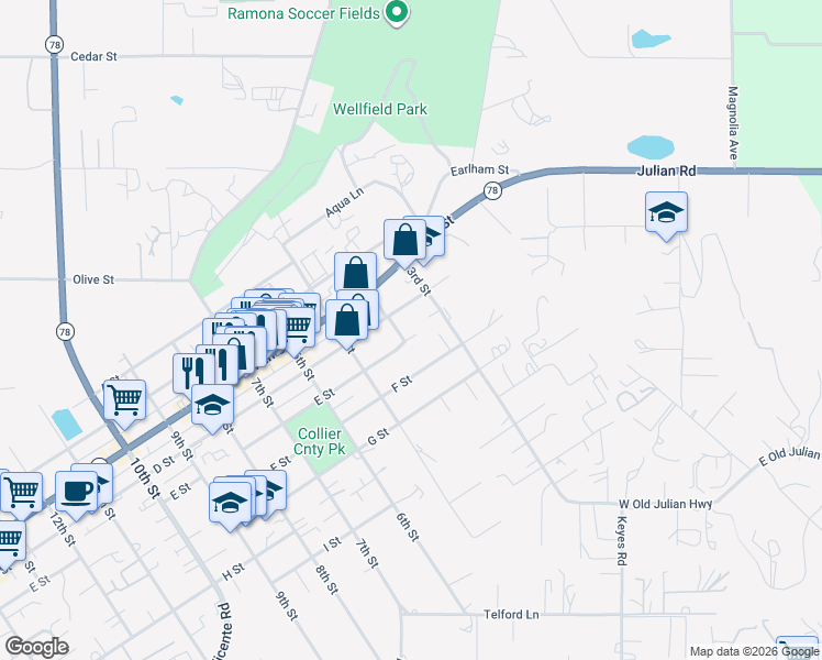 map of restaurants, bars, coffee shops, grocery stores, and more near 392 D Street in Ramona