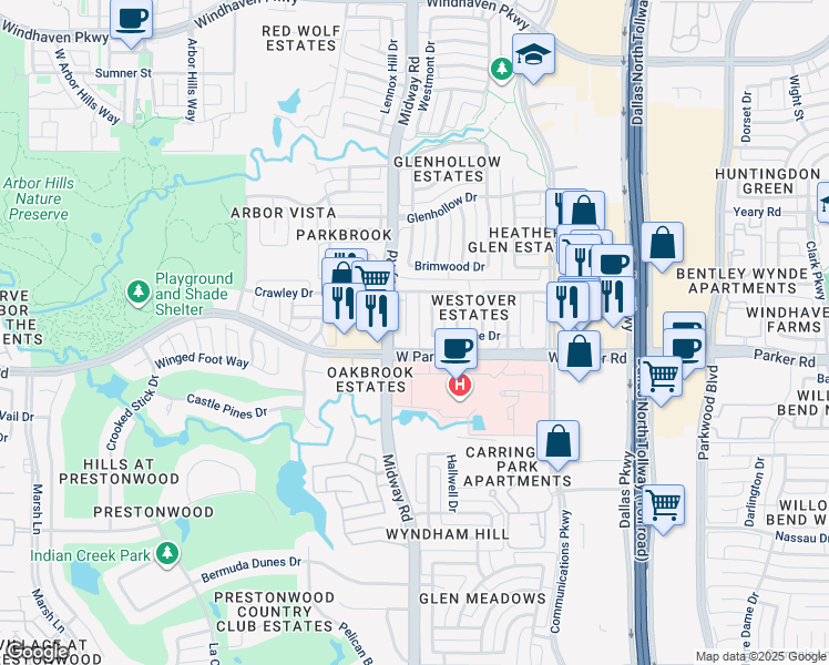 map of restaurants, bars, coffee shops, grocery stores, and more near 3308 Westway Court in Plano