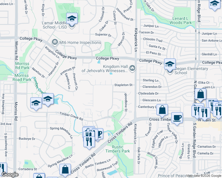 map of restaurants, bars, coffee shops, grocery stores, and more near 4421 Bluestem Street in Flower Mound