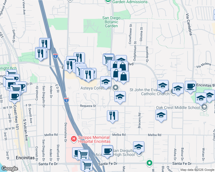 map of restaurants, bars, coffee shops, grocery stores, and more near 535 Encinitas Boulevard in Encinitas