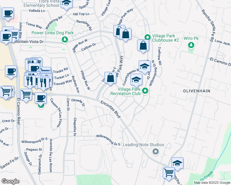 map of restaurants, bars, coffee shops, grocery stores, and more near 147 Honeycomb Court in Encinitas