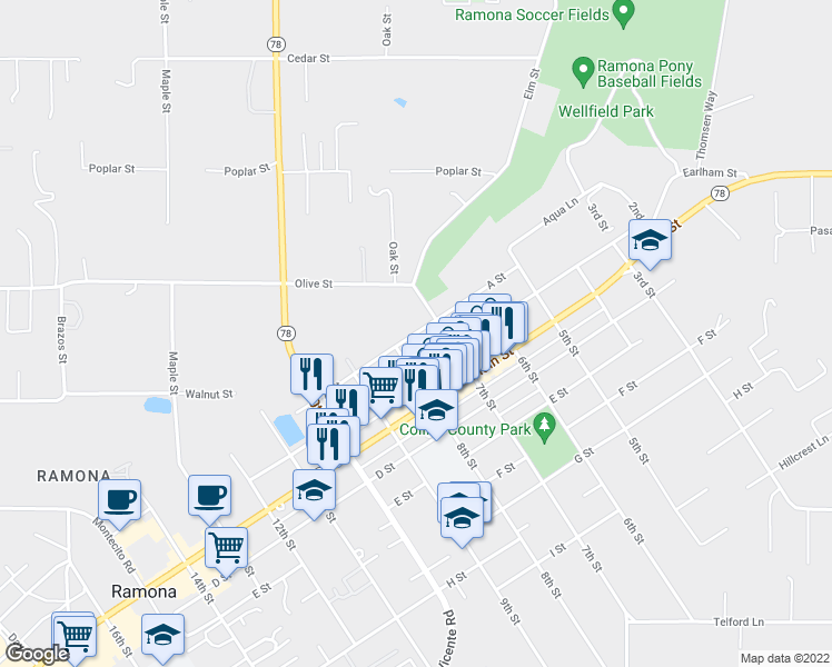 map of restaurants, bars, coffee shops, grocery stores, and more near 739 A Street in Ramona