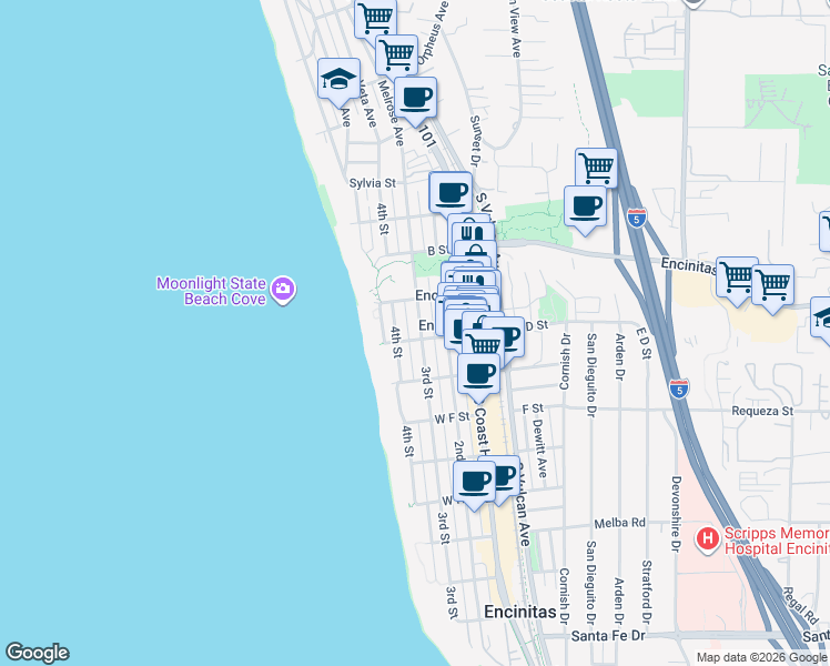 map of restaurants, bars, coffee shops, grocery stores, and more near 458 3rd Street in Encinitas