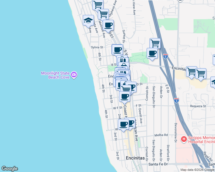 map of restaurants, bars, coffee shops, grocery stores, and more near 458 3rd Street in Encinitas