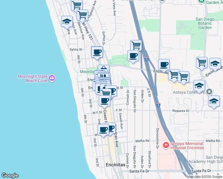 map of restaurants, bars, coffee shops, grocery stores, and more near 505 South Vulcan Avenue in Encinitas