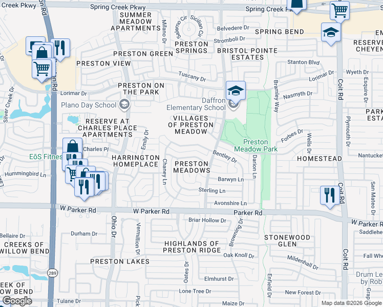 map of restaurants, bars, coffee shops, grocery stores, and more near 4528 Bentley Drive in Plano
