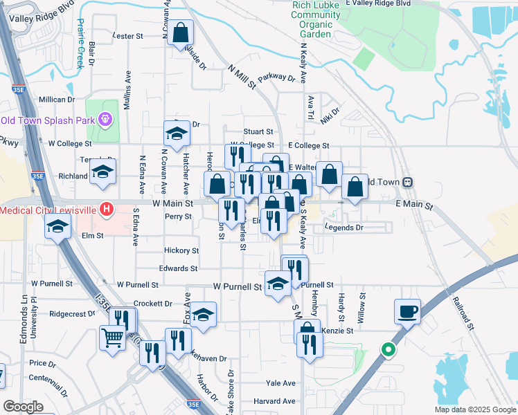 map of restaurants, bars, coffee shops, grocery stores, and more near 179 West Main Street in Lewisville