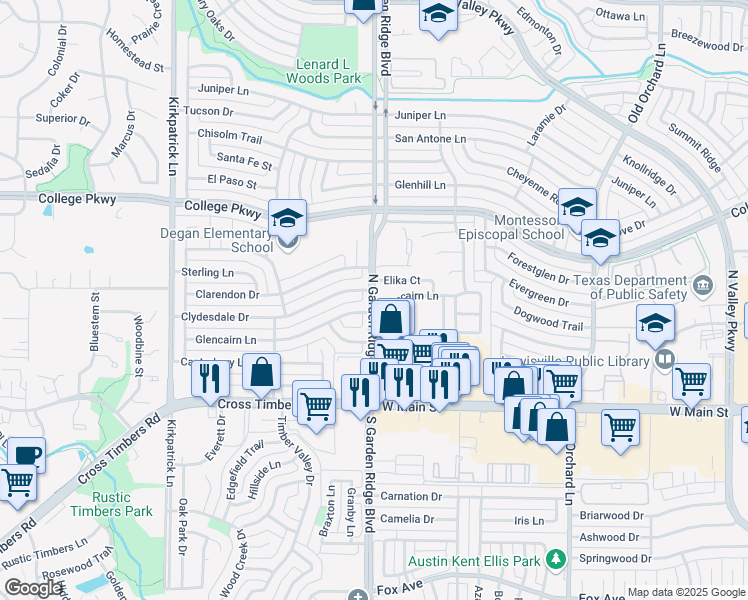 map of restaurants, bars, coffee shops, grocery stores, and more near 457 North Garden Ridge Boulevard in Lewisville