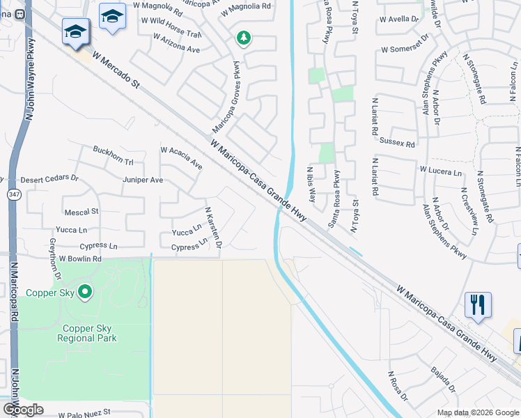 map of restaurants, bars, coffee shops, grocery stores, and more near 18333 North Mesquite Drive in Maricopa