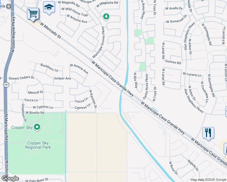 map of restaurants, bars, coffee shops, grocery stores, and more near 18333 North Mesquite Drive in Maricopa