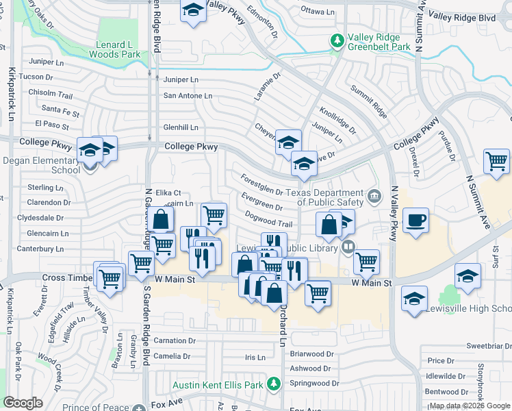 map of restaurants, bars, coffee shops, grocery stores, and more near 1409 Evergreen Drive in Lewisville