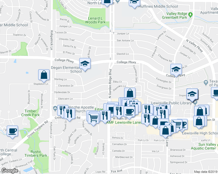 map of restaurants, bars, coffee shops, grocery stores, and more near 460 North Garden Ridge Boulevard in Lewisville