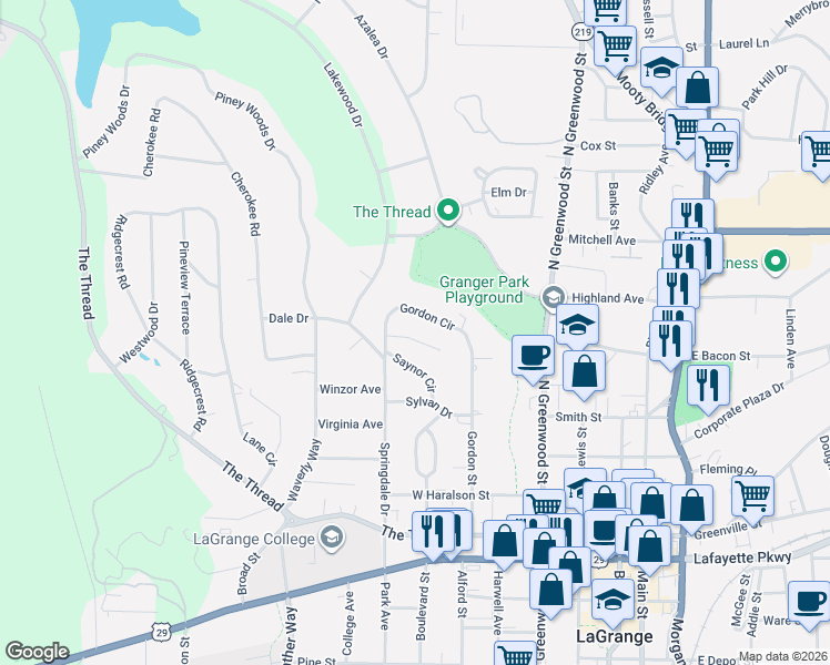 map of restaurants, bars, coffee shops, grocery stores, and more near 441 Gordon Circle in LaGrange