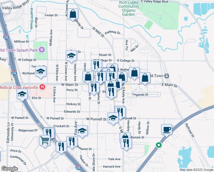 map of restaurants, bars, coffee shops, grocery stores, and more near 179 West Main Street in Lewisville