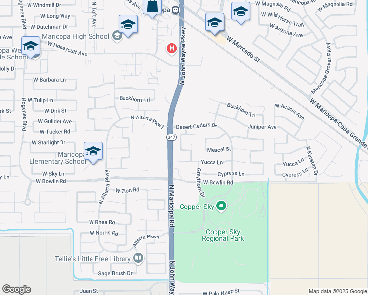 map of restaurants, bars, coffee shops, grocery stores, and more near 44584 Mescal Street in Maricopa