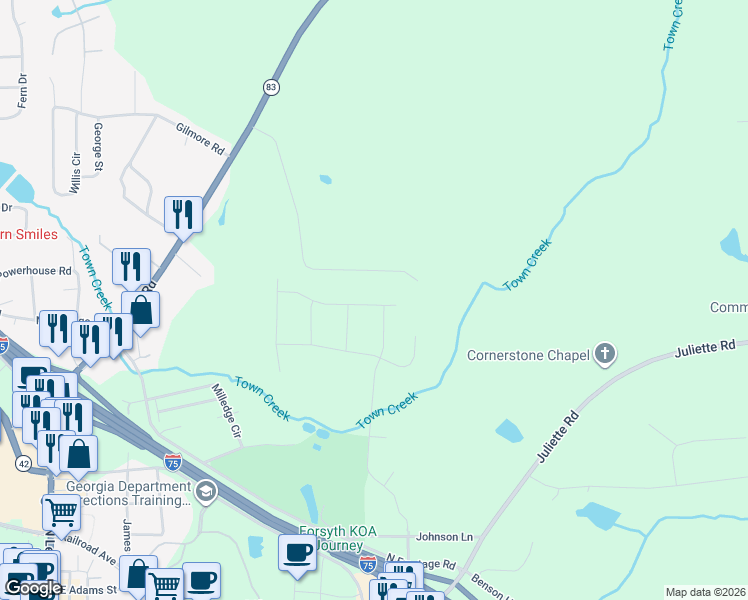 map of restaurants, bars, coffee shops, grocery stores, and more near 5311 Felles Way in Forsyth