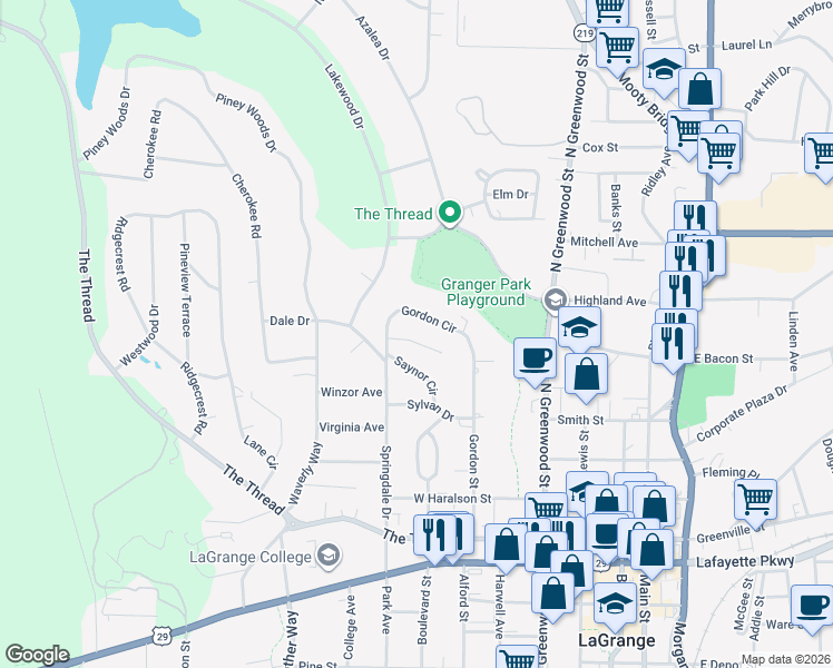 map of restaurants, bars, coffee shops, grocery stores, and more near 119 Dilly Hill Street in LaGrange