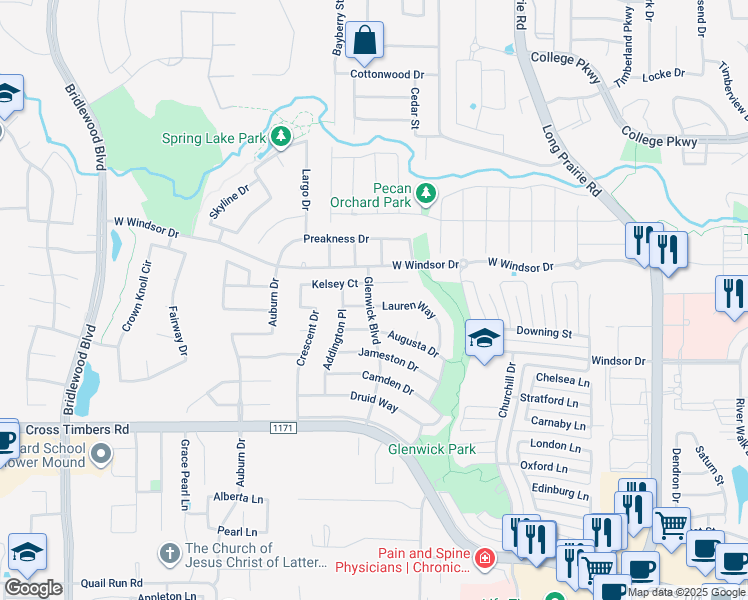 map of restaurants, bars, coffee shops, grocery stores, and more near 3328 Lauren Way in Flower Mound