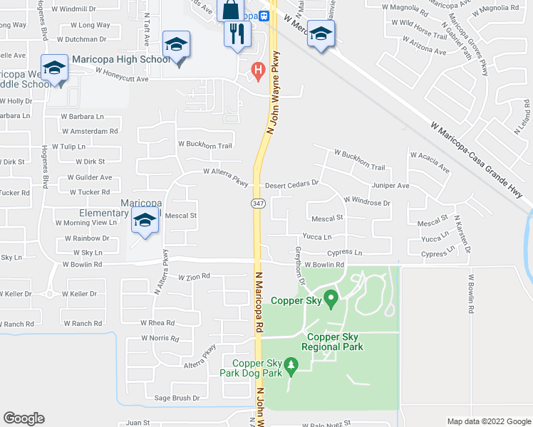 map of restaurants, bars, coffee shops, grocery stores, and more near 18316 Soft Wind Drive in Maricopa