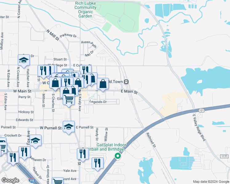 map of restaurants, bars, coffee shops, grocery stores, and more near 538 East Main Street in Lewisville