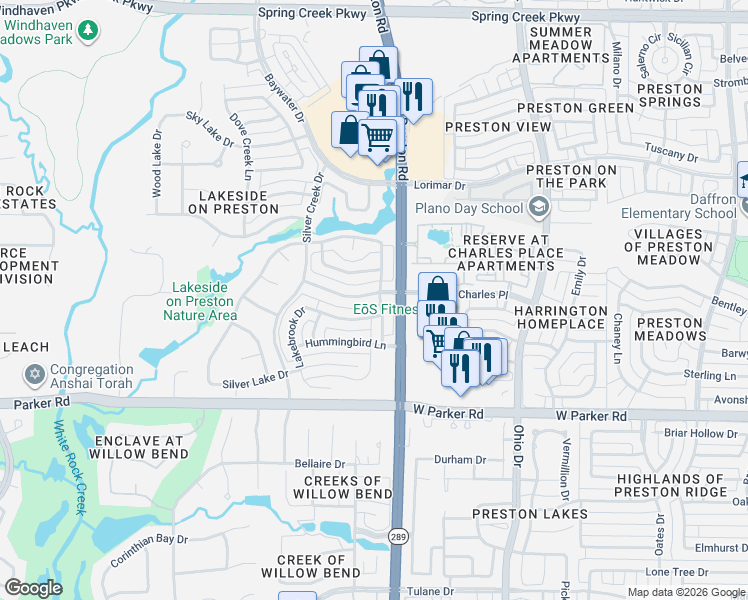 map of restaurants, bars, coffee shops, grocery stores, and more near 3600 Watercrest Drive in Plano