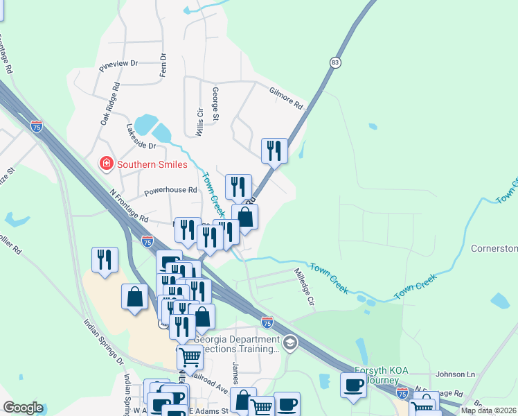 map of restaurants, bars, coffee shops, grocery stores, and more near 481 Georgia 83 in Forsyth