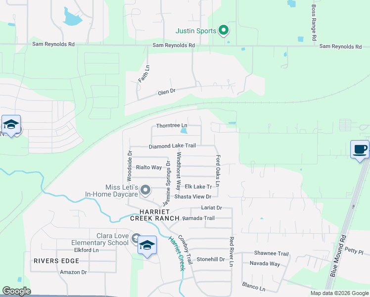 map of restaurants, bars, coffee shops, grocery stores, and more near 1805 Diamond Lake Trail in Justin