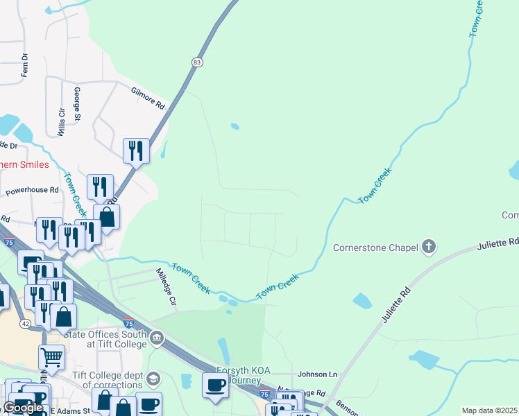 map of restaurants, bars, coffee shops, grocery stores, and more near 5353 Felles Way in Forsyth
