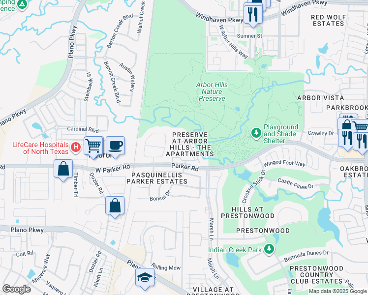map of restaurants, bars, coffee shops, grocery stores, and more near 7001 West Parker Road in Plano