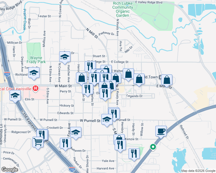 map of restaurants, bars, coffee shops, grocery stores, and more near in Lewisville