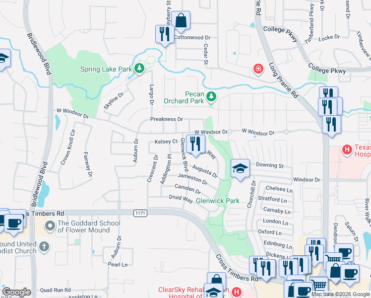 map of restaurants, bars, coffee shops, grocery stores, and more near 3333 Kelsey Court in Flower Mound
