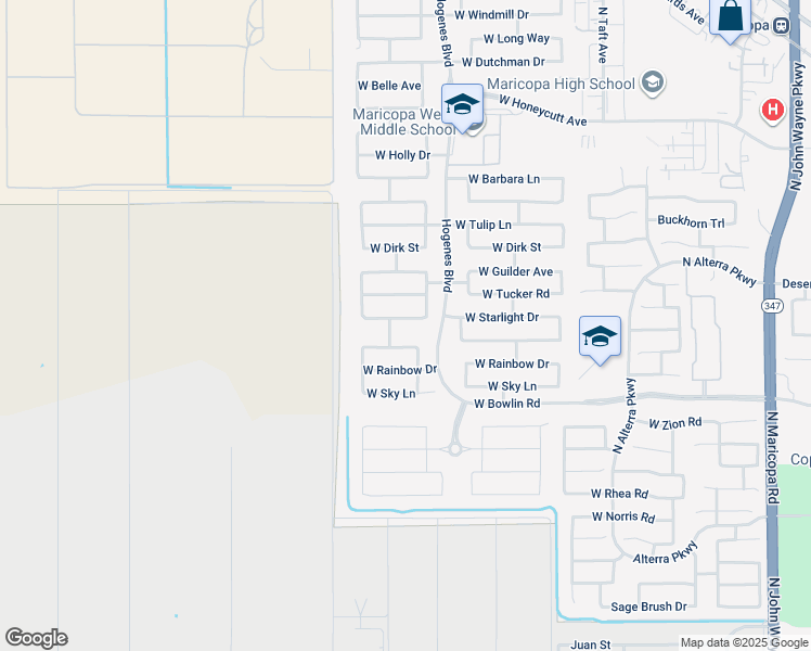 map of restaurants, bars, coffee shops, grocery stores, and more near 46000 Starlight Drive in Maricopa