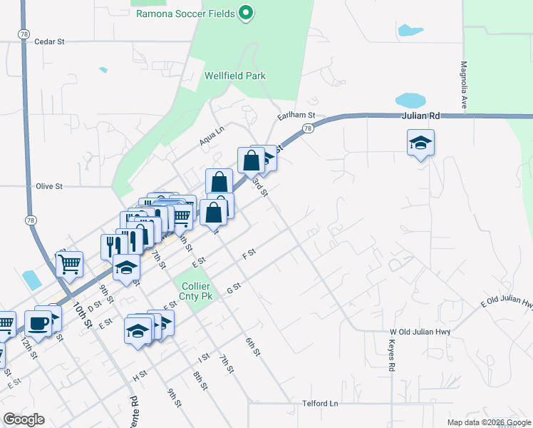 map of restaurants, bars, coffee shops, grocery stores, and more near 425 3rd Street in Ramona