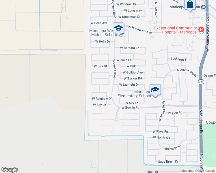 map of restaurants, bars, coffee shops, grocery stores, and more near 46000 Starlight Drive in Maricopa