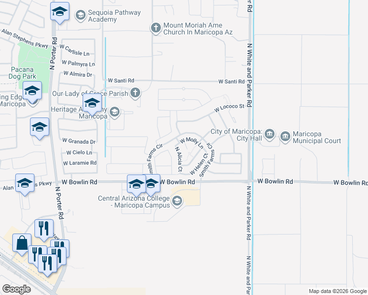 map of restaurants, bars, coffee shops, grocery stores, and more near 18320 North Betty Court in Maricopa