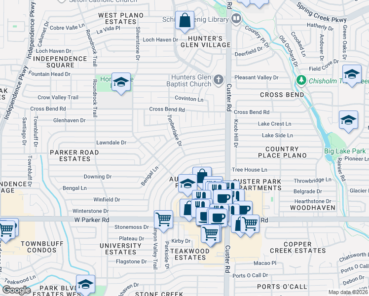 map of restaurants, bars, coffee shops, grocery stores, and more near 2204 Bengal Lane in Plano