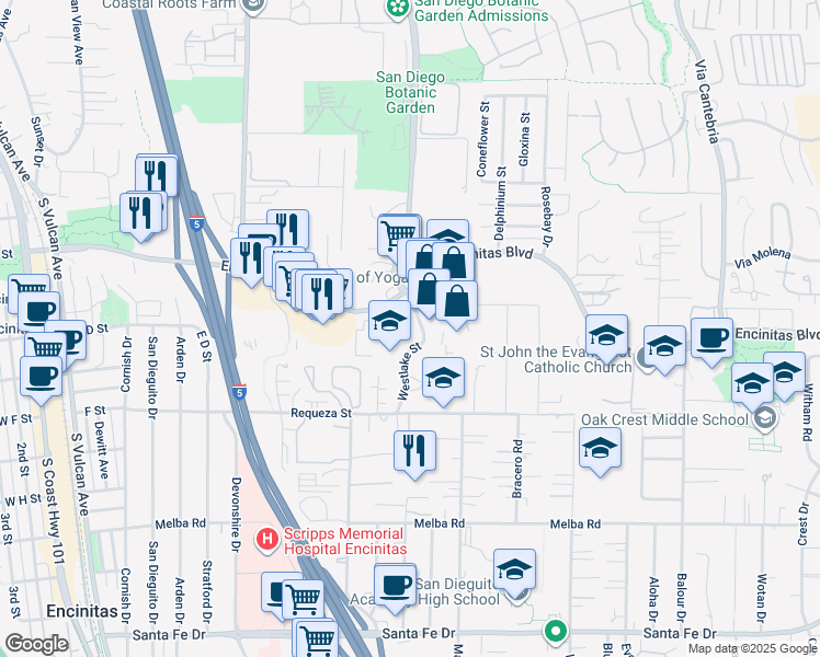 map of restaurants, bars, coffee shops, grocery stores, and more near 531 Encinitas Boulevard in Encinitas
