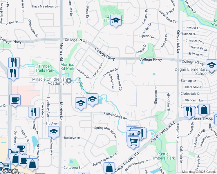 map of restaurants, bars, coffee shops, grocery stores, and more near 1632 Prescott Circle in Flower Mound