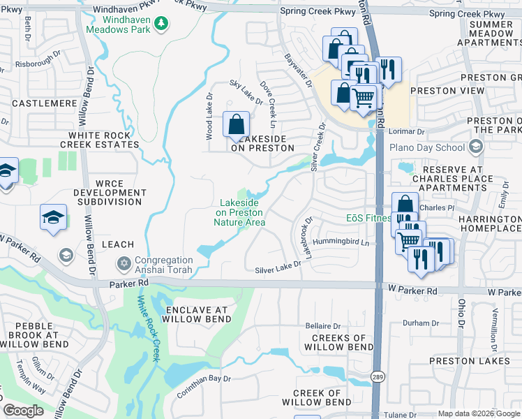 map of restaurants, bars, coffee shops, grocery stores, and more near 3529 Twin Lakes Way in Plano