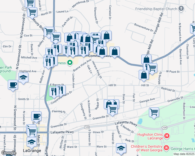 map of restaurants, bars, coffee shops, grocery stores, and more near 102 Foch Street in LaGrange