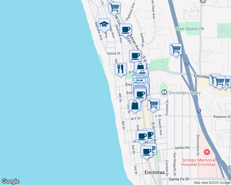 map of restaurants, bars, coffee shops, grocery stores, and more near 430 Moonlight Lane in Encinitas
