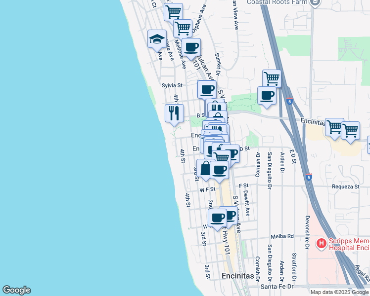 map of restaurants, bars, coffee shops, grocery stores, and more near 435 4th Street in Encinitas