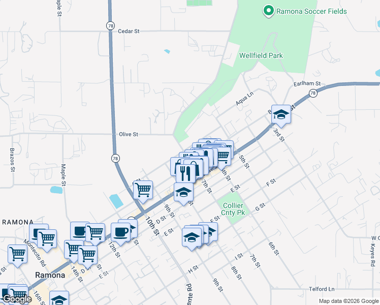map of restaurants, bars, coffee shops, grocery stores, and more near 102 7th Street in Ramona