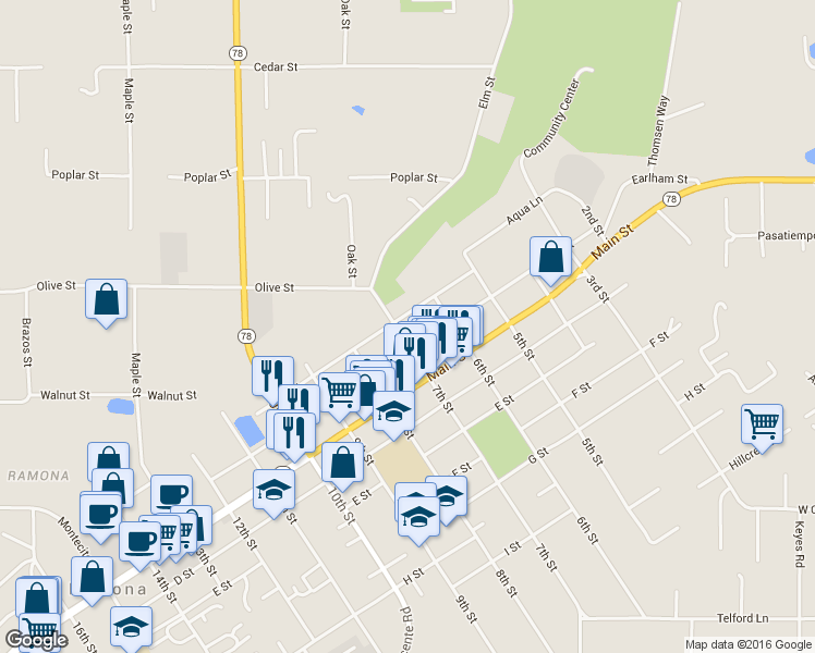 map of restaurants, bars, coffee shops, grocery stores, and more near 102 7th Street in Ramona