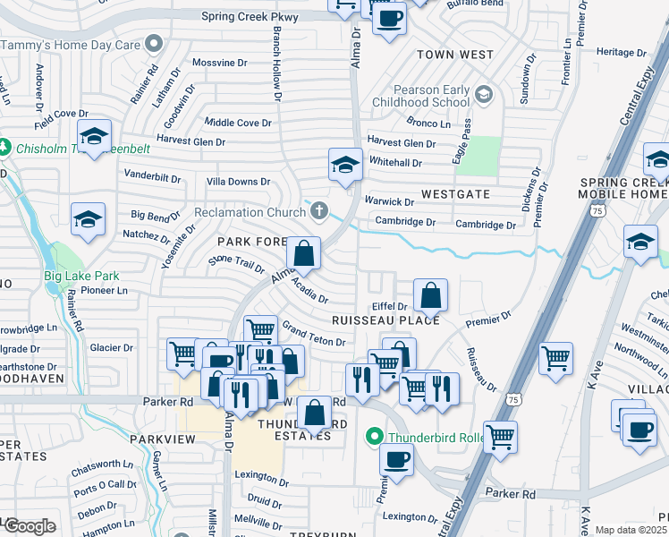 map of restaurants, bars, coffee shops, grocery stores, and more near 816 Cross Bend Road in Plano