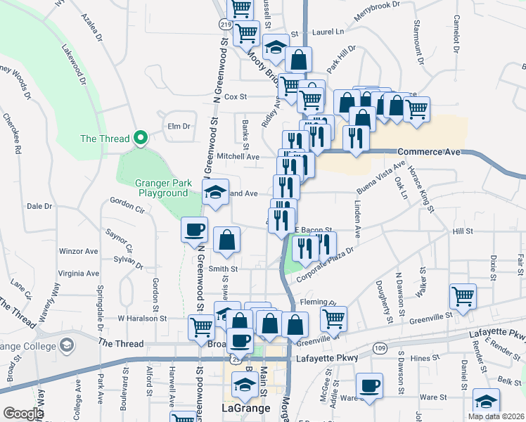 map of restaurants, bars, coffee shops, grocery stores, and more near 510 Ridley Avenue in LaGrange