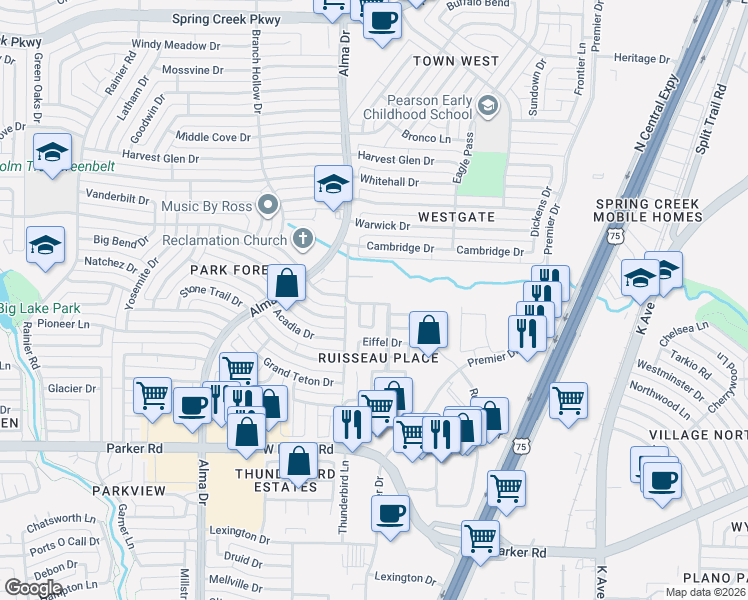 map of restaurants, bars, coffee shops, grocery stores, and more near 793 Antoine Drive in Plano
